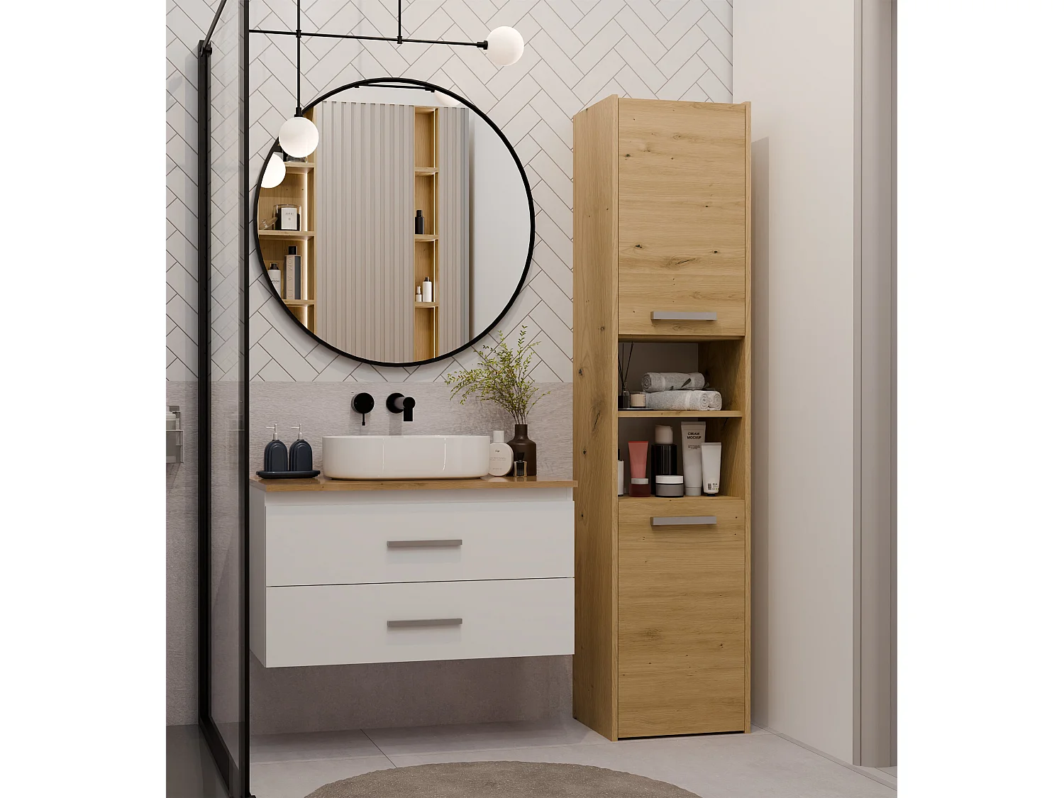 Mobile bagno sospeso 80 cm con 2 cassetti bianco e rovere MLBT2