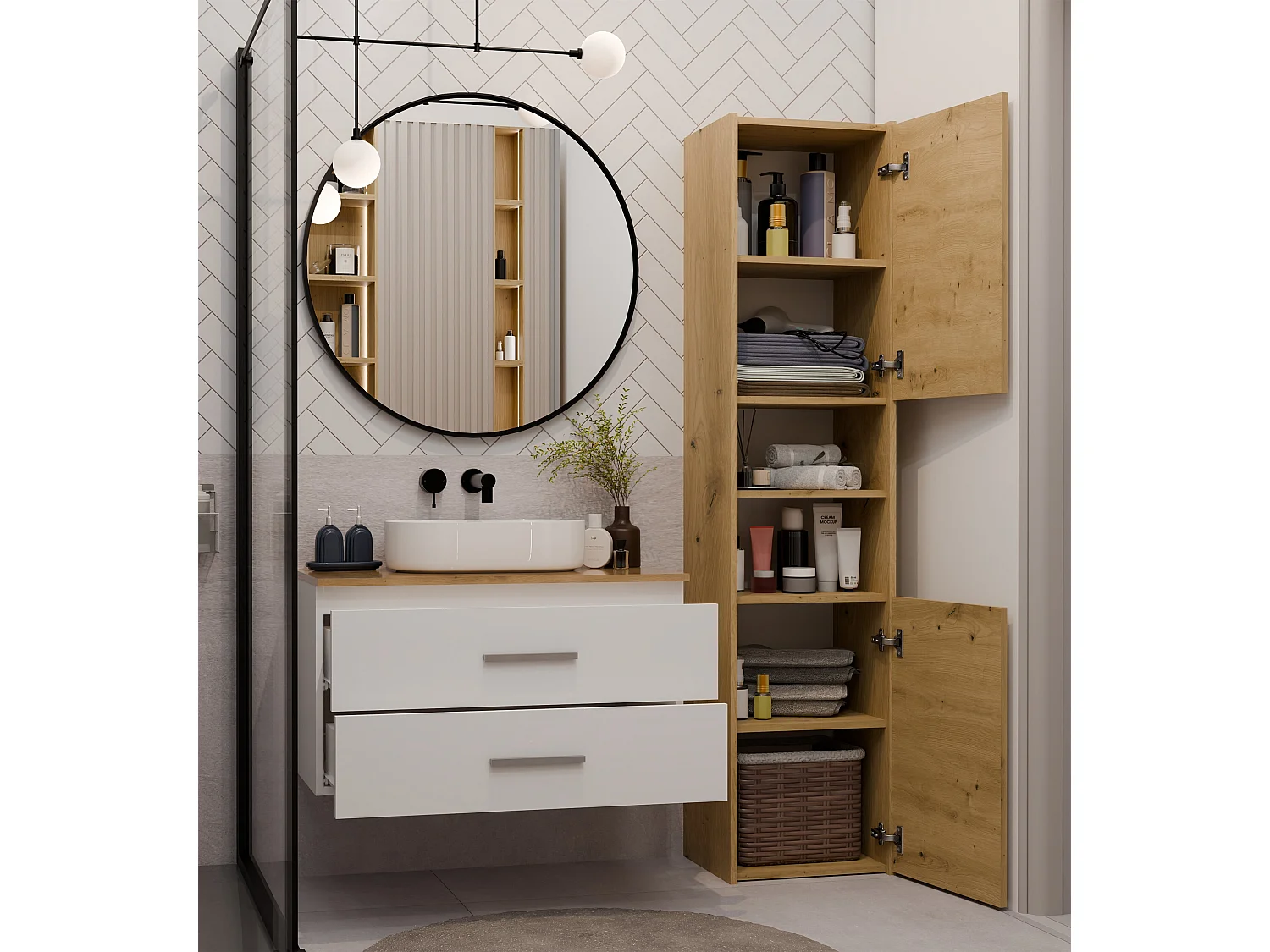Mobile bagno sospeso 80 cm con 2 cassetti bianco e rovere MLBT2