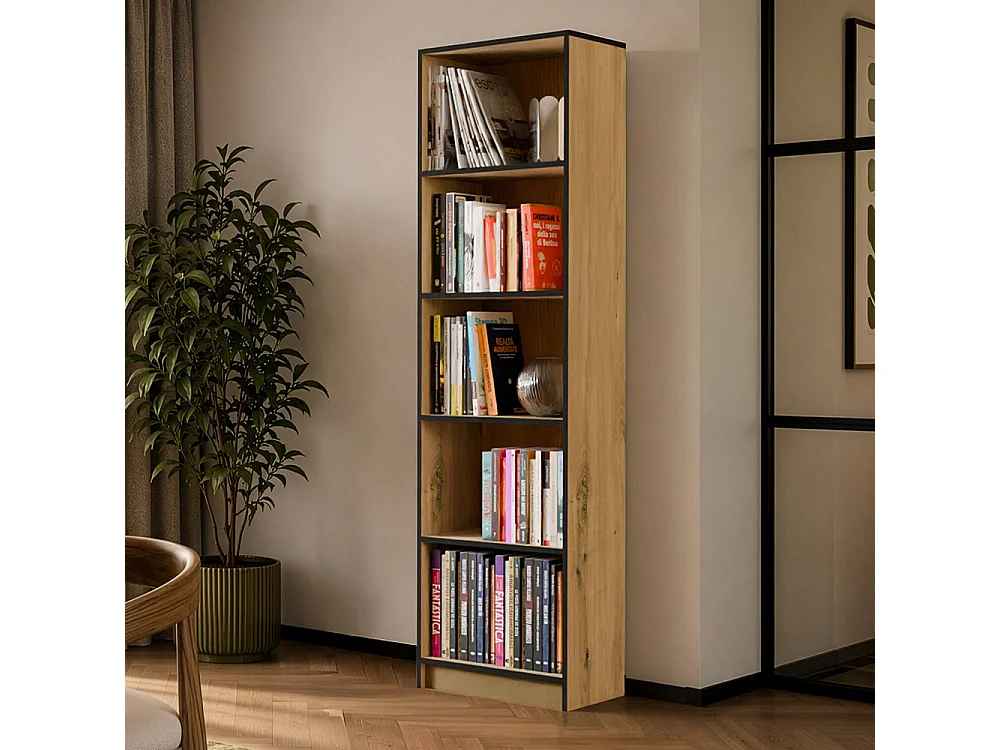 Libreria moderna 50x182x30 cm con 4 ripiani rovere/nero LBT4