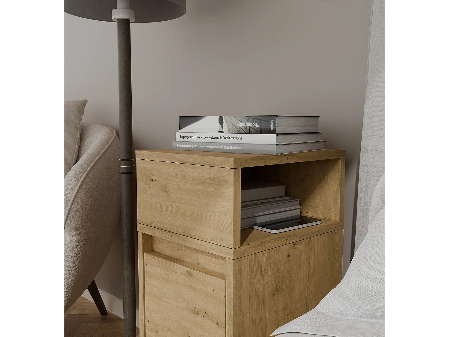 Comodino salvaspazio 27x65 cm con vano a giorno rovere COT8