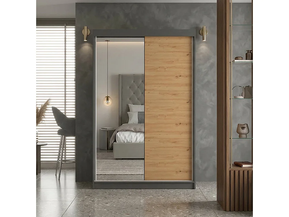 Armadio ad ante scorrevoli 120x200 cm con specchio rovere/antracite AT3