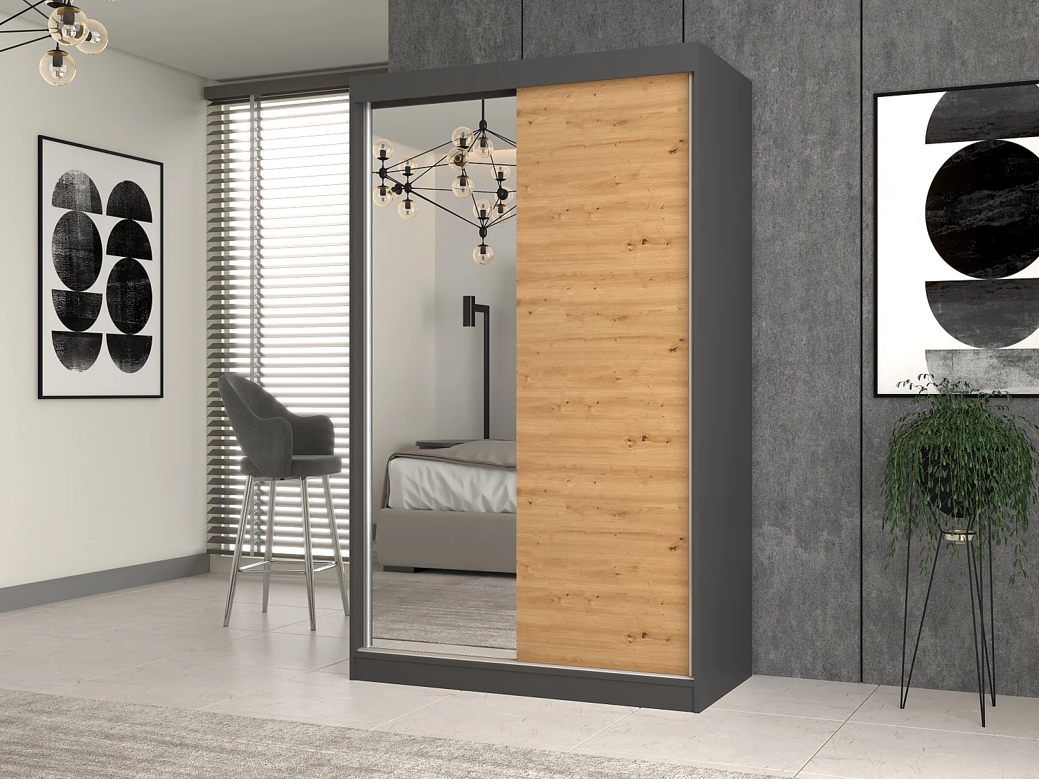 Armadio ad ante scorrevoli 120x200 cm con specchio rovere/antracite AT3