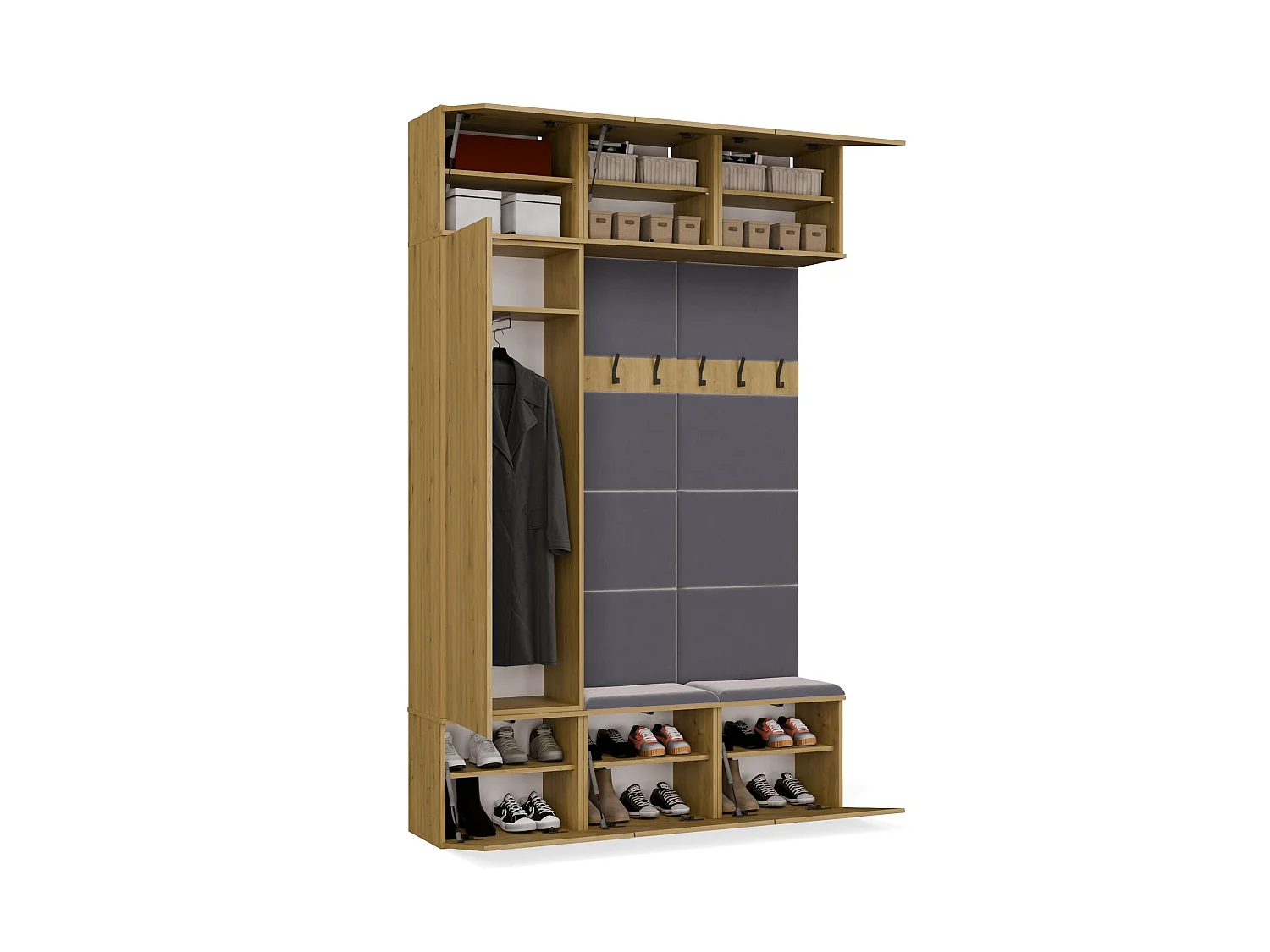 Mobile ingresso moderno 150x238 con scarpiera rovere/grigio MIT10