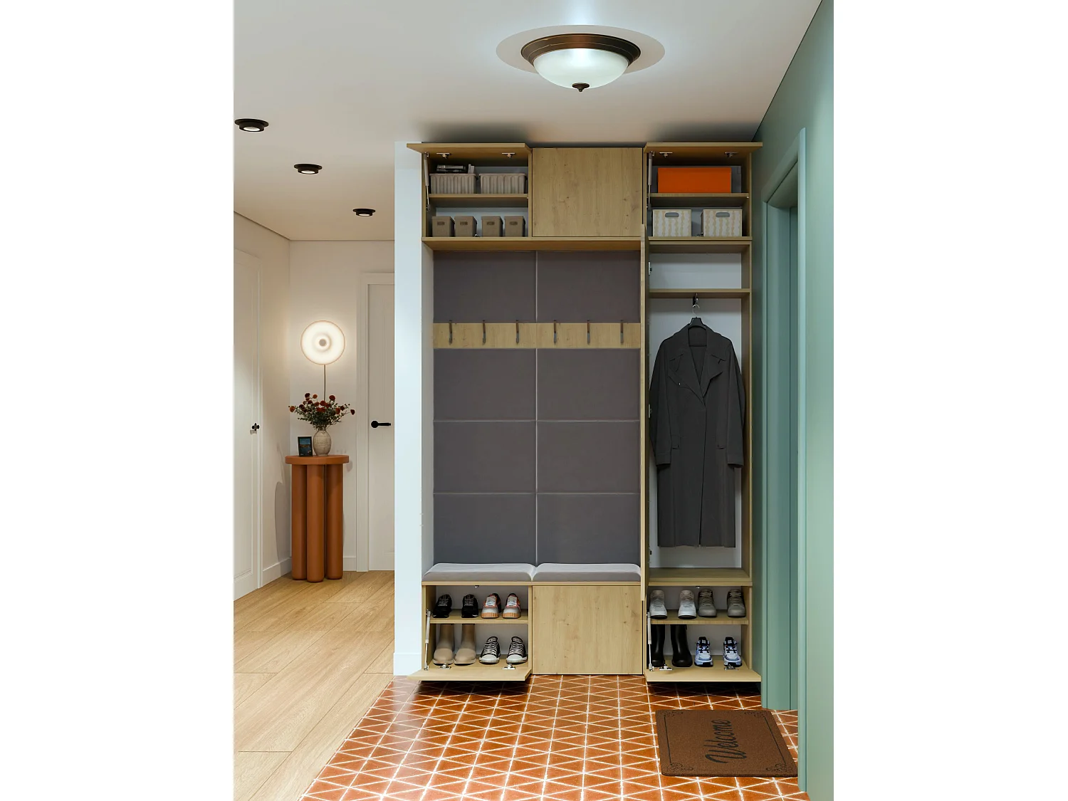 Mobile ingresso moderno 150x238 con scarpiera rovere/grigio MIT10