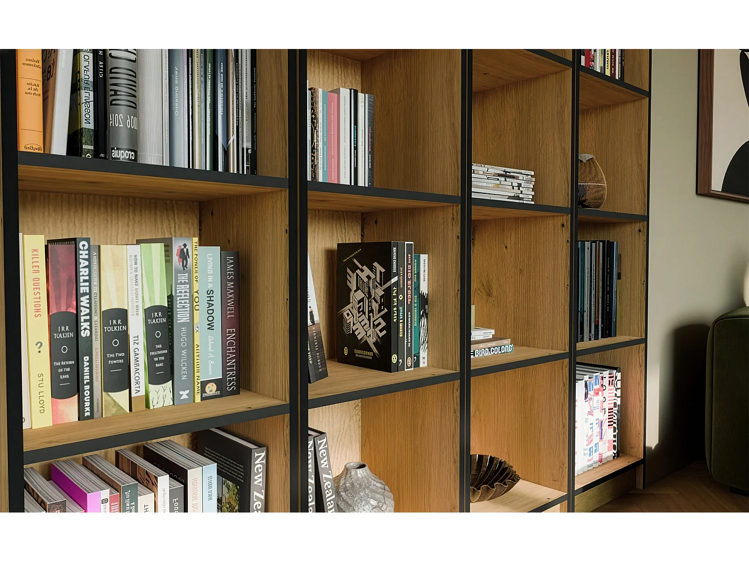 Libreria moderna 182x40x30 cm con 4 ripiani rovere e nero LBT1