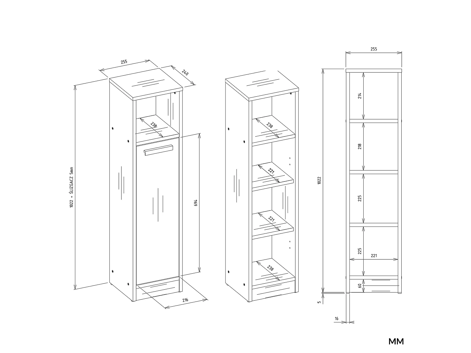 Mobile bagno salvaspazio 25,5x102 cm con 2 ante rovere MBT7