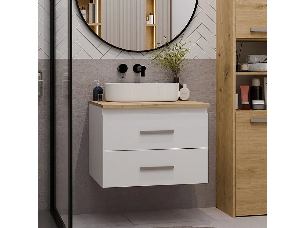 Mobile bagno sospeso 60 cm con 2 cassetti bianco e rovere MLBT1