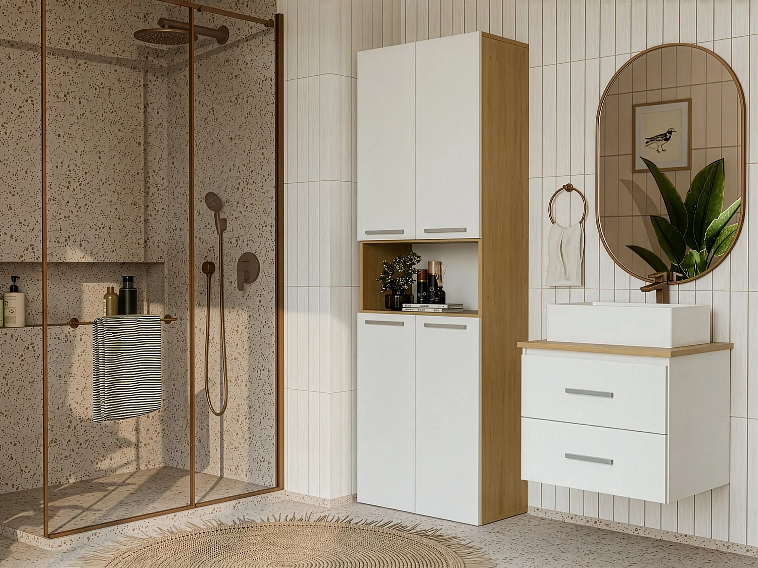 Mobile bagno sospeso 60 cm con 2 cassetti bianco e rovere MLBT1