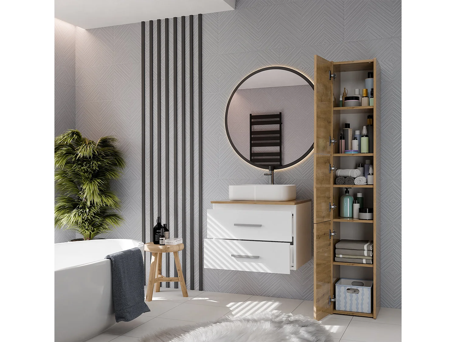 Mobile bagno sospeso 60 cm con 2 cassetti bianco e rovere MLBT1
