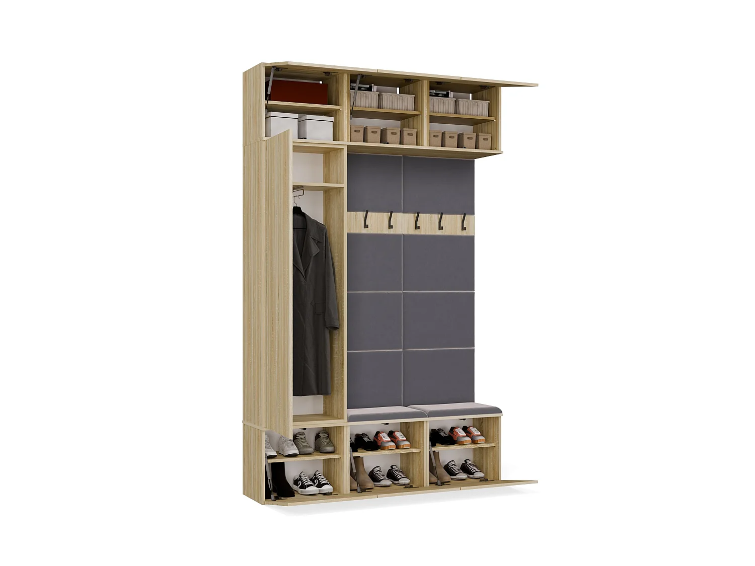 Mobile ingresso moderno 150x238 con scarpiera rovere chiaro/grigio MIT10