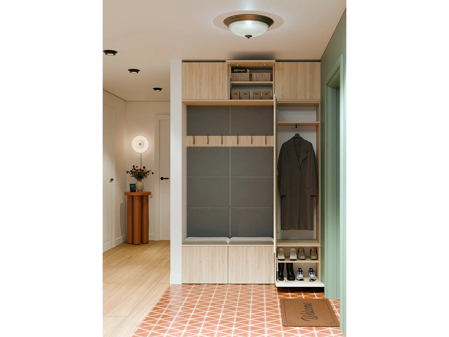 Mobile ingresso moderno 150x238 con scarpiera rovere chiaro/grigio MIT10