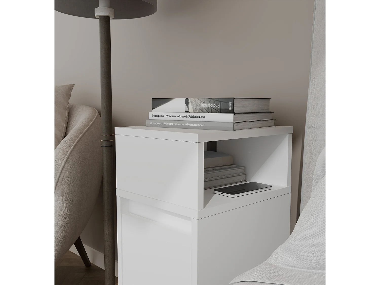 Comodino salvaspazio 27x65 cm con vano a giorno bianco COT8