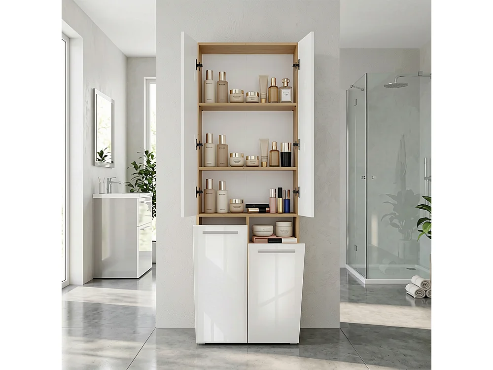 Armadio bagno salvaspazio 60x174 cm con 2 cesti portabiancheria bianco lucido e rovere ABT3