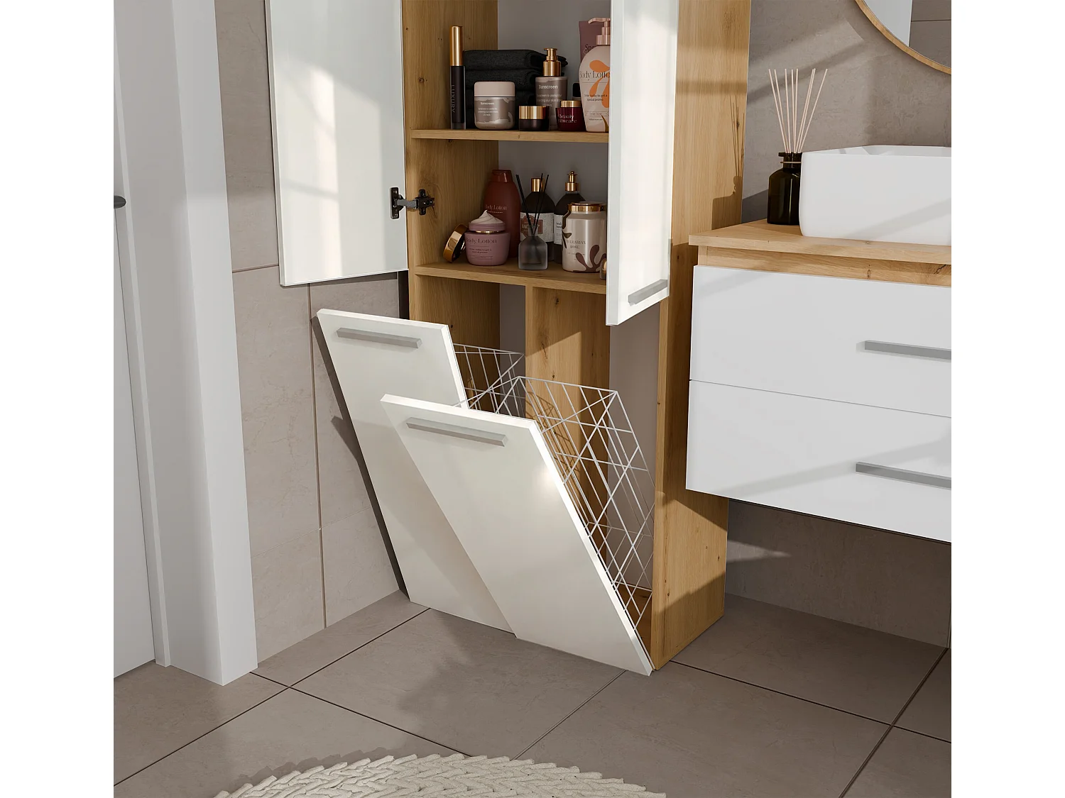 Armadio bagno salvaspazio 60x174 cm con 2 cesti portabiancheria bianco lucido e rovere ABT3