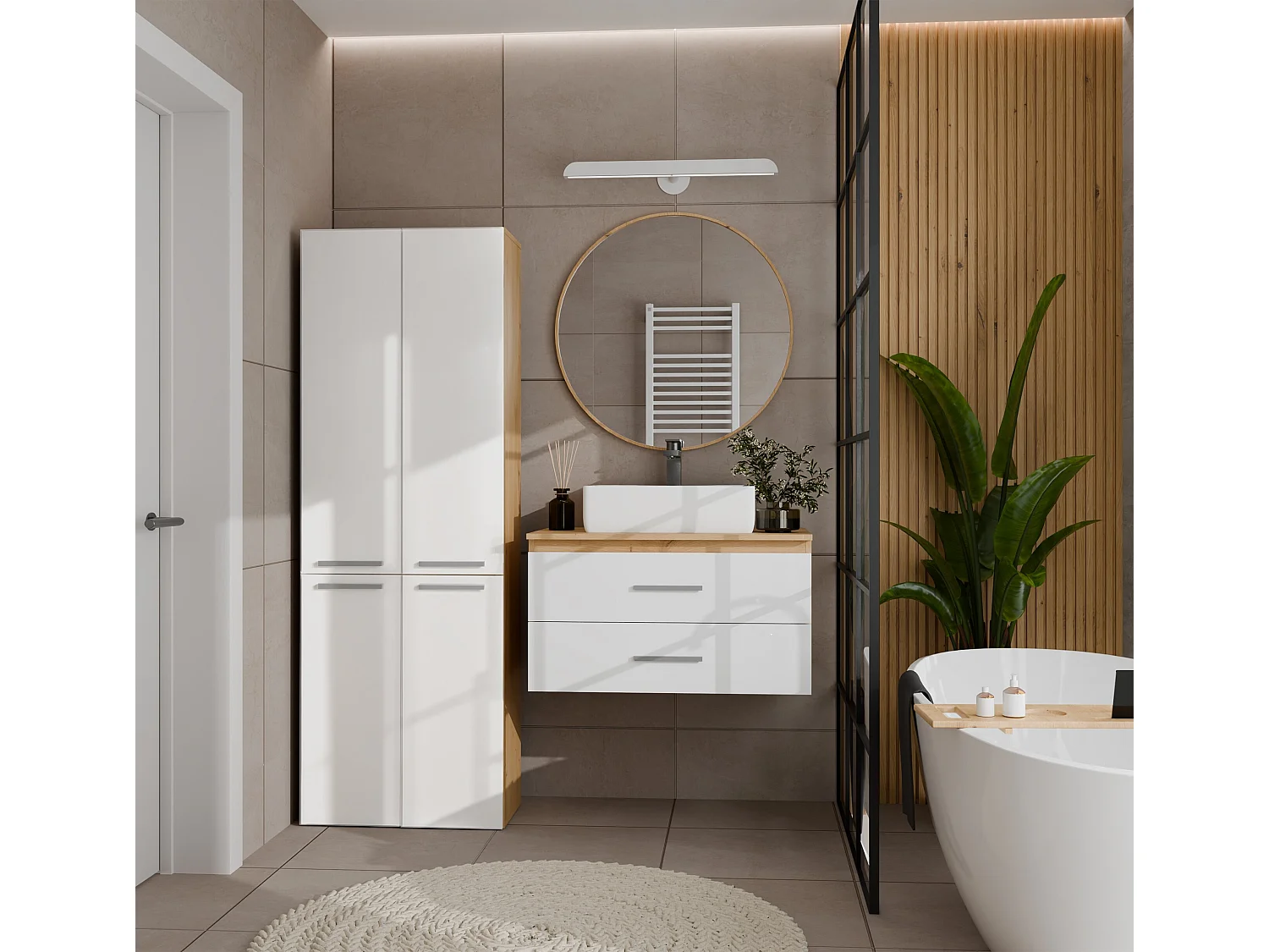 Armadio bagno salvaspazio 60x174 cm con 2 cesti portabiancheria bianco lucido e rovere ABT3