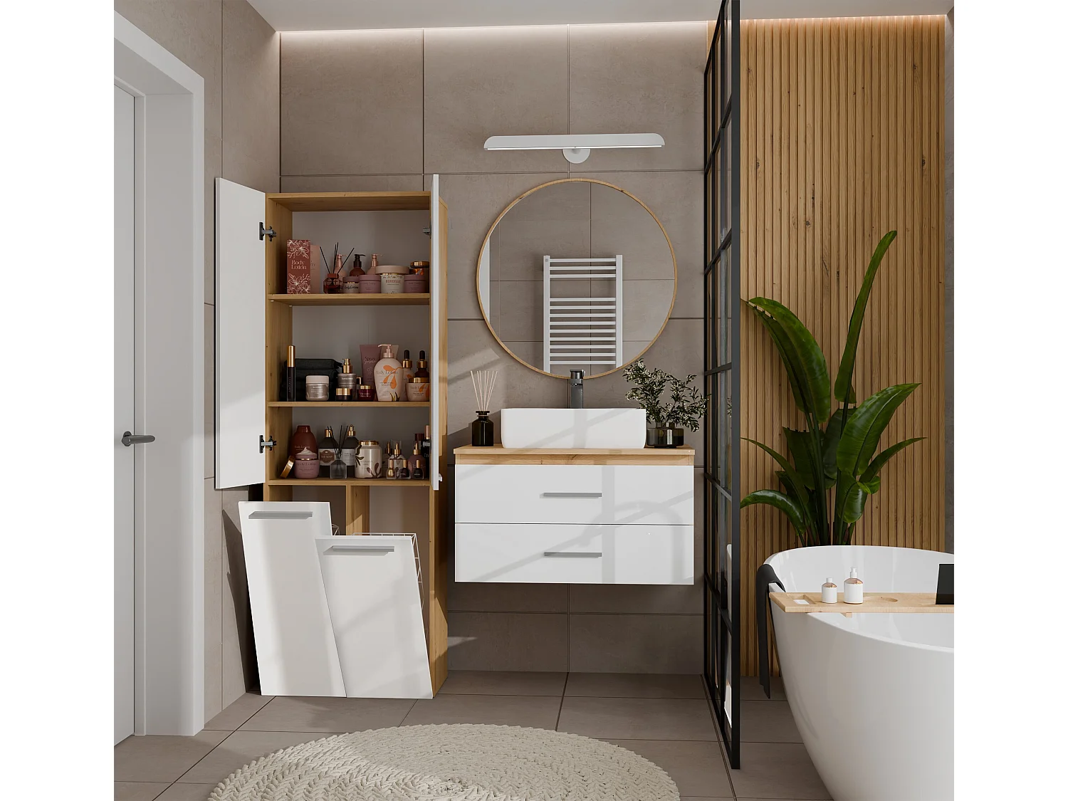 Armadio bagno salvaspazio 60x174 cm con 2 cesti portabiancheria bianco lucido e rovere ABT3