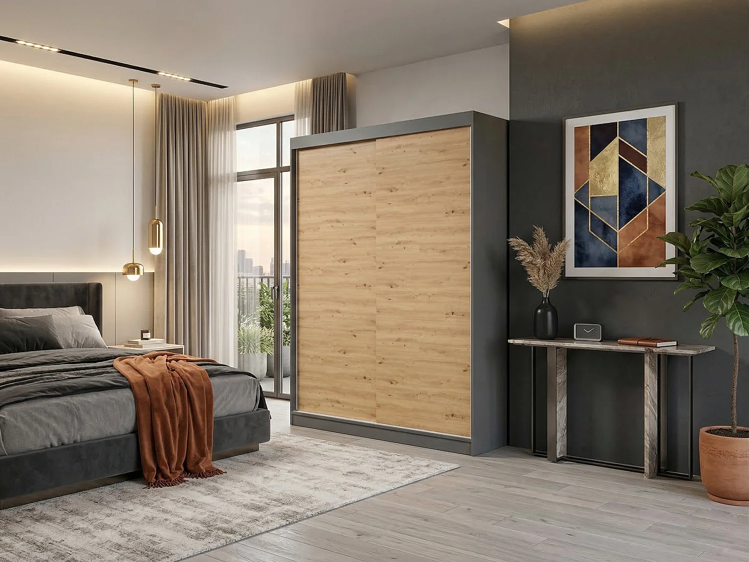 Armadio con ante scorrevoli 160x200 cm per camera da letto rovere e antracite AT6