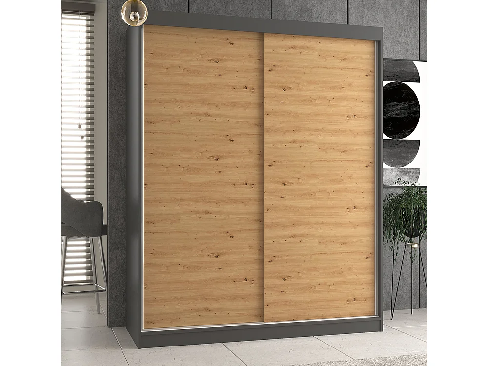Armadio con ante scorrevoli 160x200 cm per camera da letto rovere e antracite AT6