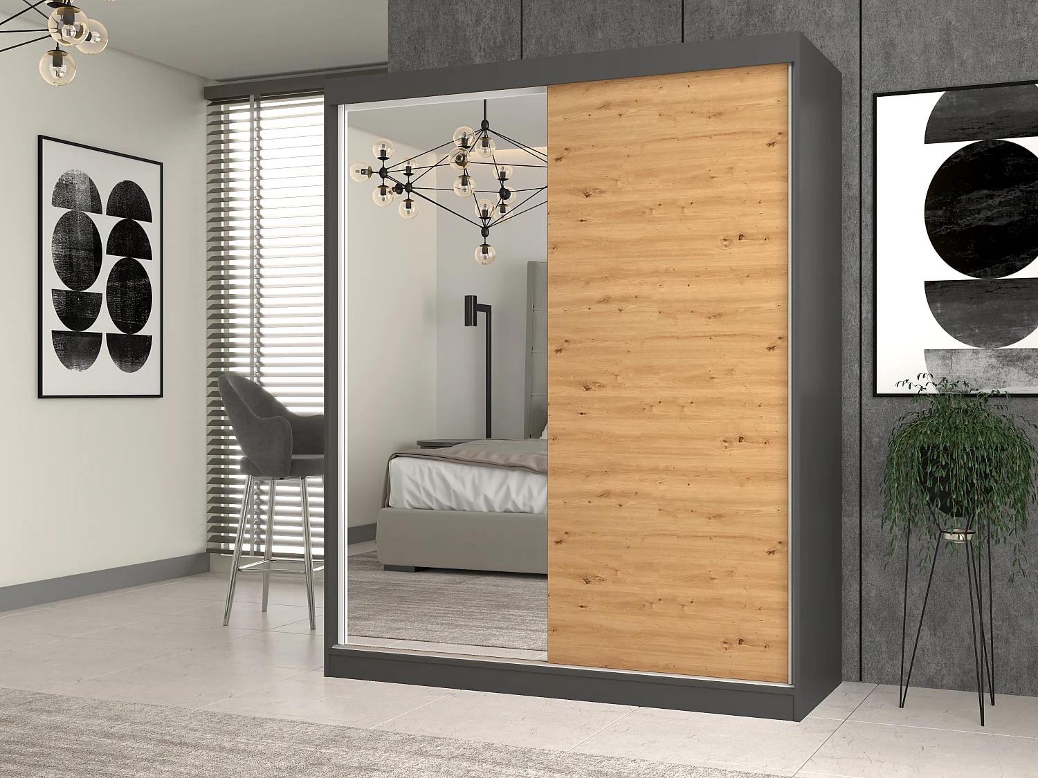Armadio due ante scorrevoli 160x200 cm con specchio rovere/antracite AT23