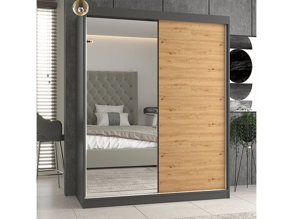 Armadio due ante scorrevoli 160x200 cm con specchio rovere/antracite AT23