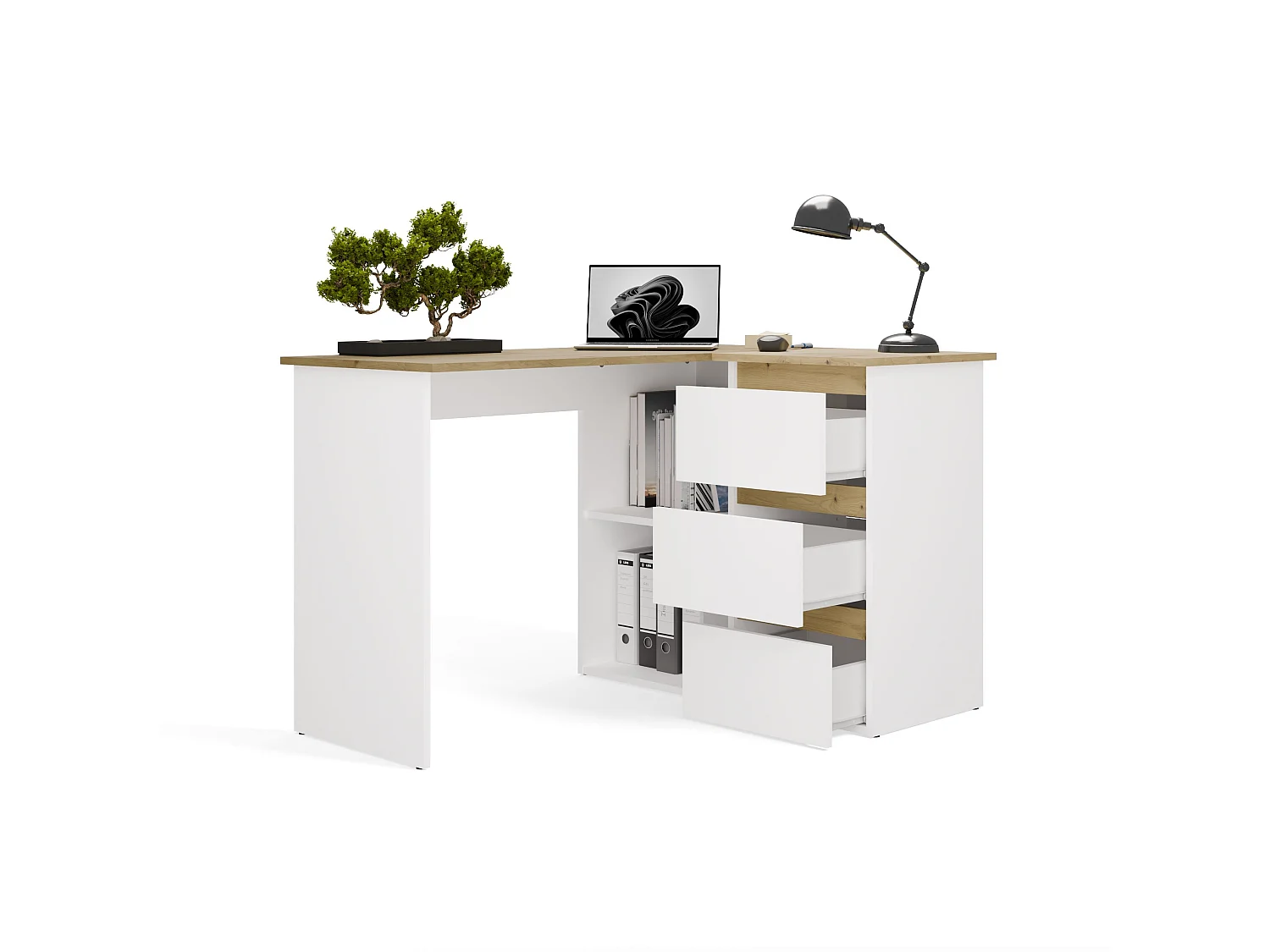 Scrivania angolare con 3 cassetti bianco opaco e rovere SCT20