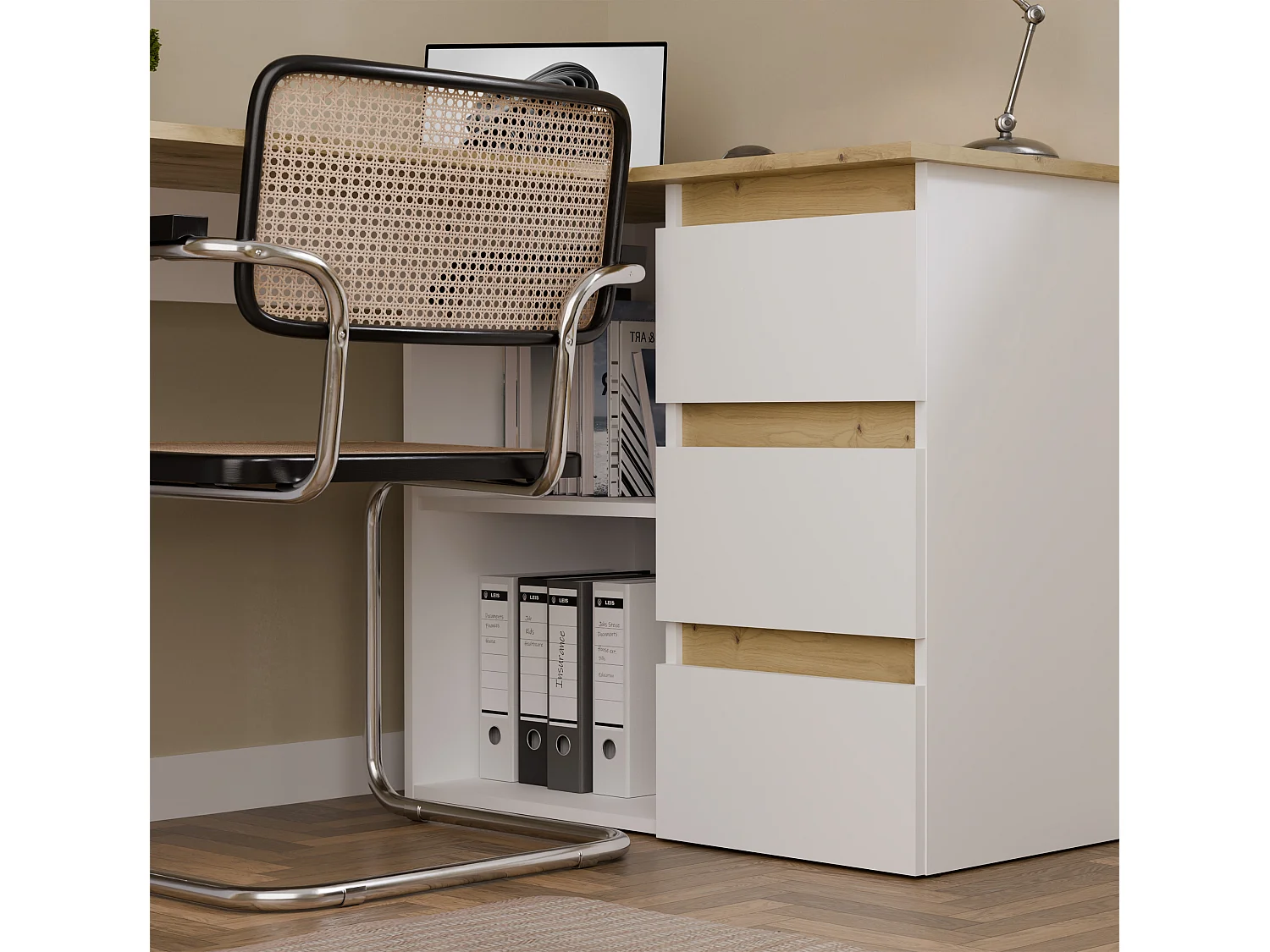 Scrivania angolare con 3 cassetti bianco opaco e rovere SCT20