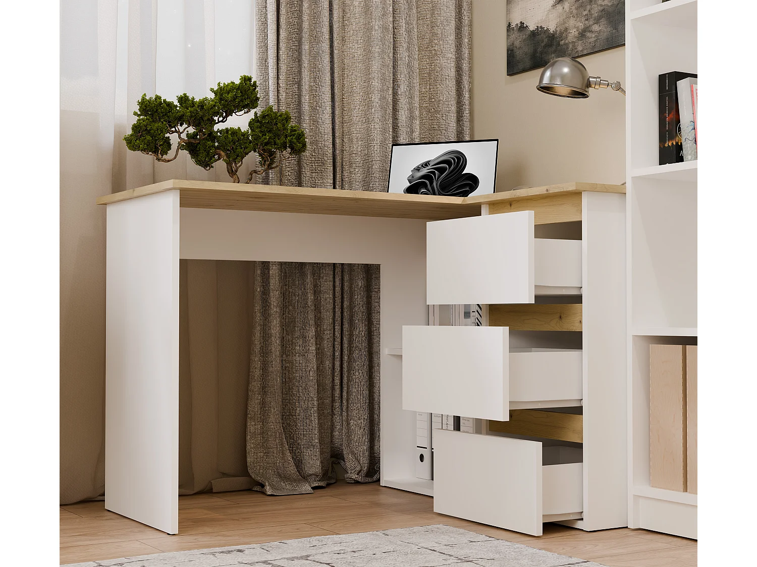 Scrivania angolare con 3 cassetti bianco opaco e rovere SCT20