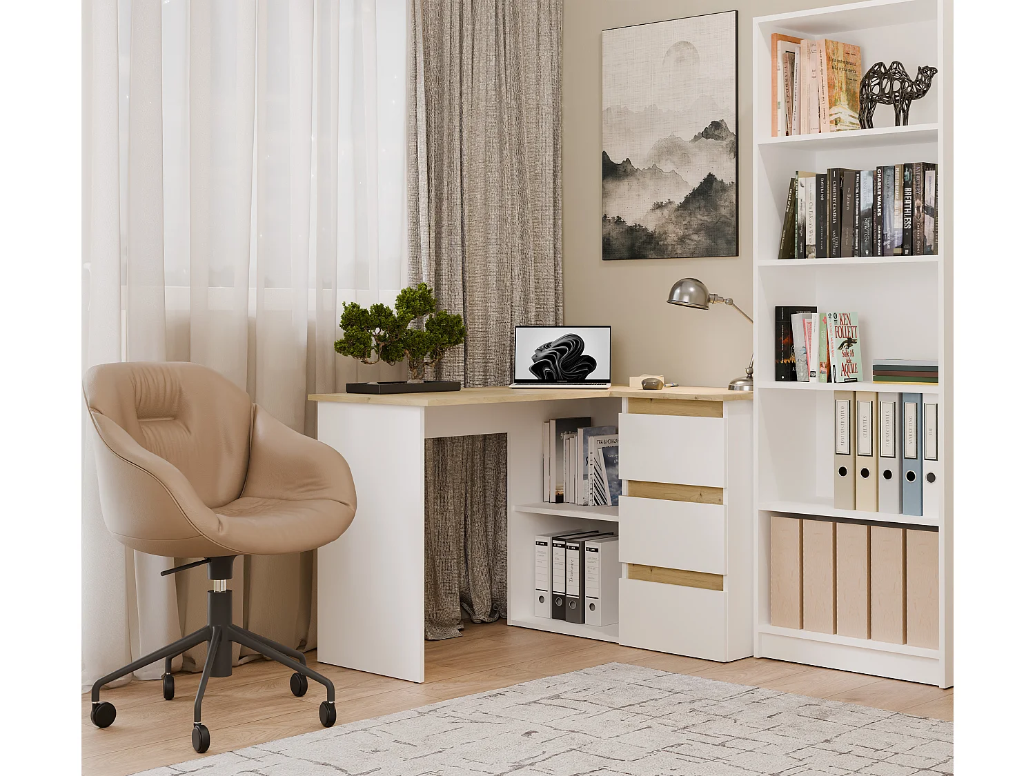 Scrivania angolare con 3 cassetti bianco opaco e rovere SCT20