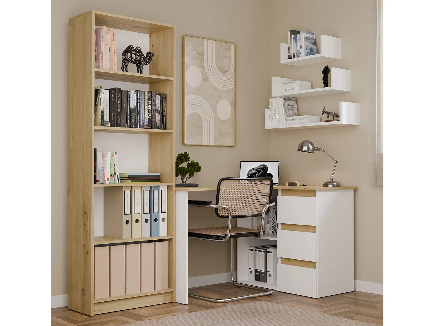 Scrivania angolare con 3 cassetti bianco opaco e rovere SCT20