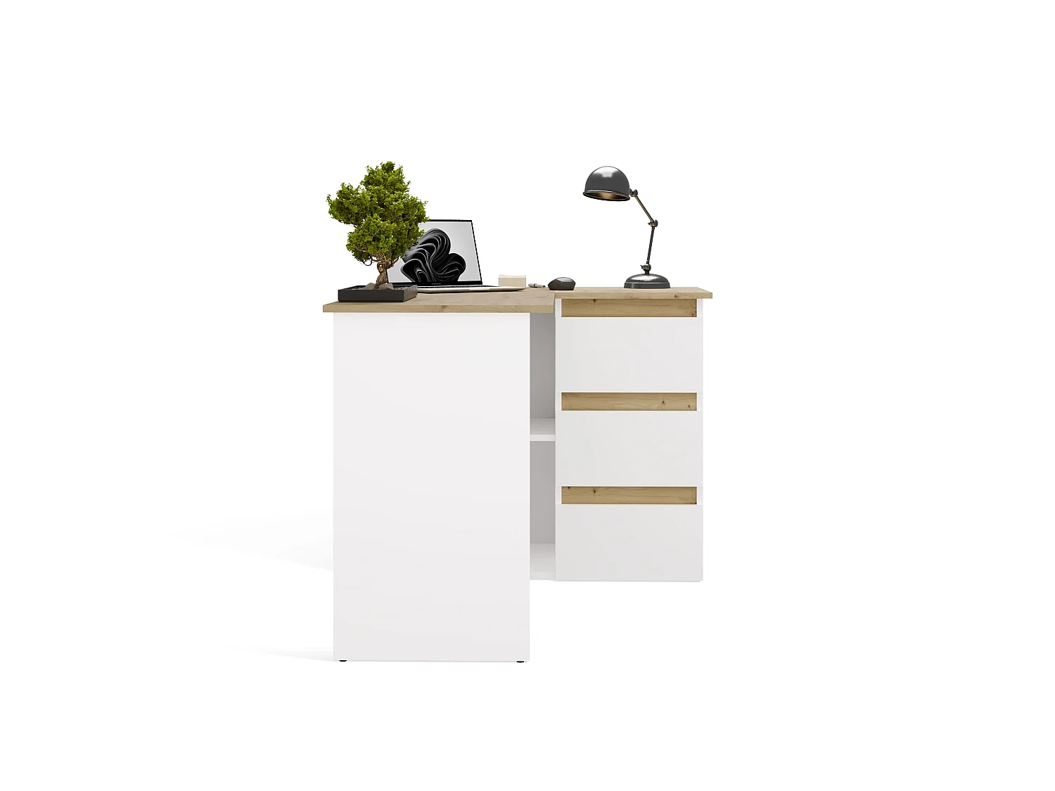 Scrivania angolare con 3 cassetti bianco opaco e rovere SCT20