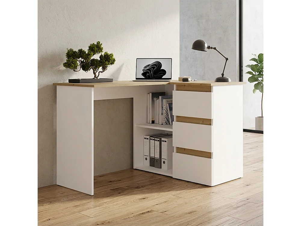 Scrivania angolare con 3 cassetti bianco opaco e rovere SCT20