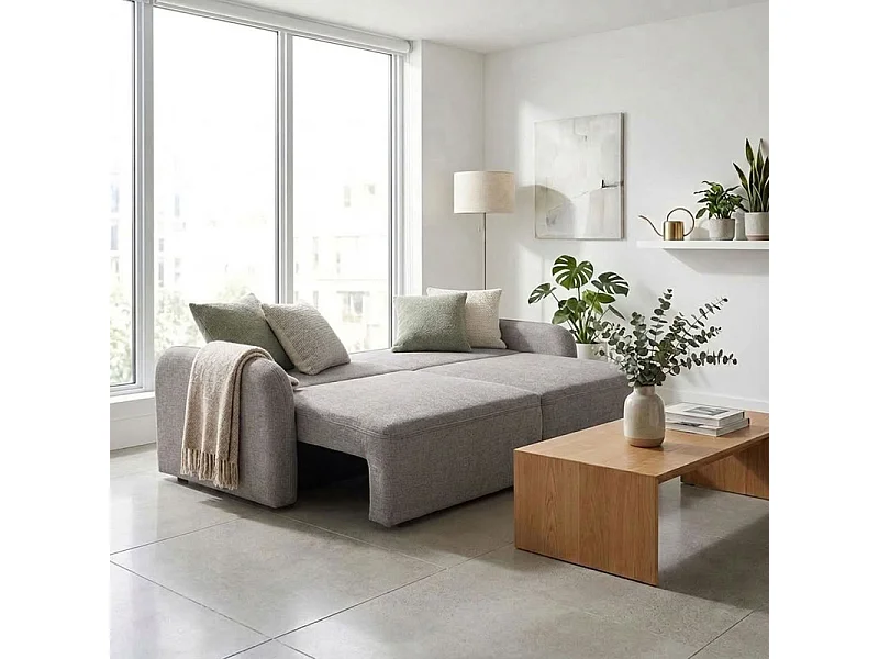 Canapé convertible 3 places en tissu gris et pieds noirs - SOKKA
