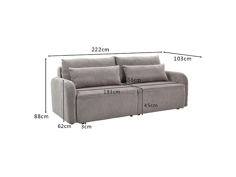 Canapé convertible 3 places en tissu gris et pieds noirs - SOKKA