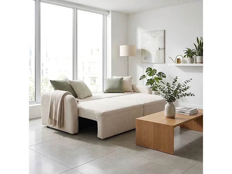 Canapé convertible 3 places en tissu beige et pieds noirs - SOKKA