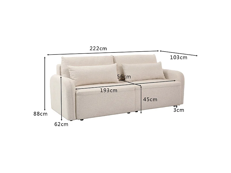Canapé convertible 3 places en tissu beige et pieds noirs - SOKKA