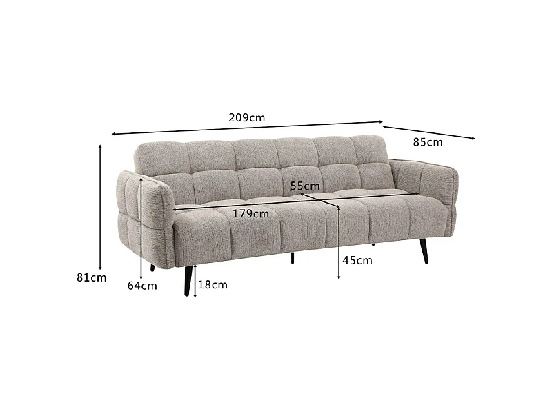Canapé capitonné convertible 3 places en tissu doux gris clair - SUKI