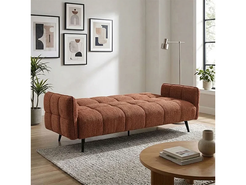 Canapé capitonné convertible 3 places en tissu doux terracotta - SUKI
