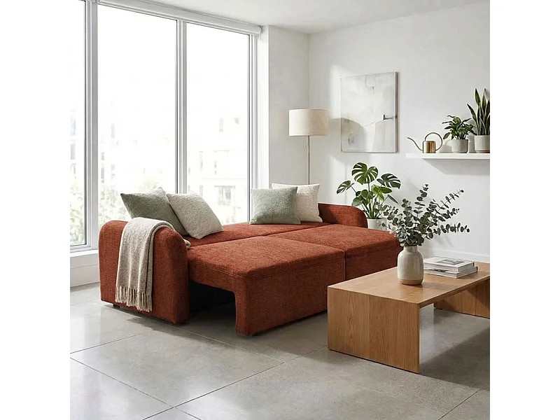 Canapé convertible 3 places en tissu terracotta et pieds noirs - SOKKA