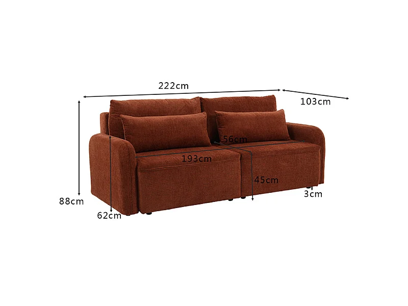 Canapé convertible 3 places en tissu terracotta et pieds noirs - SOKKA