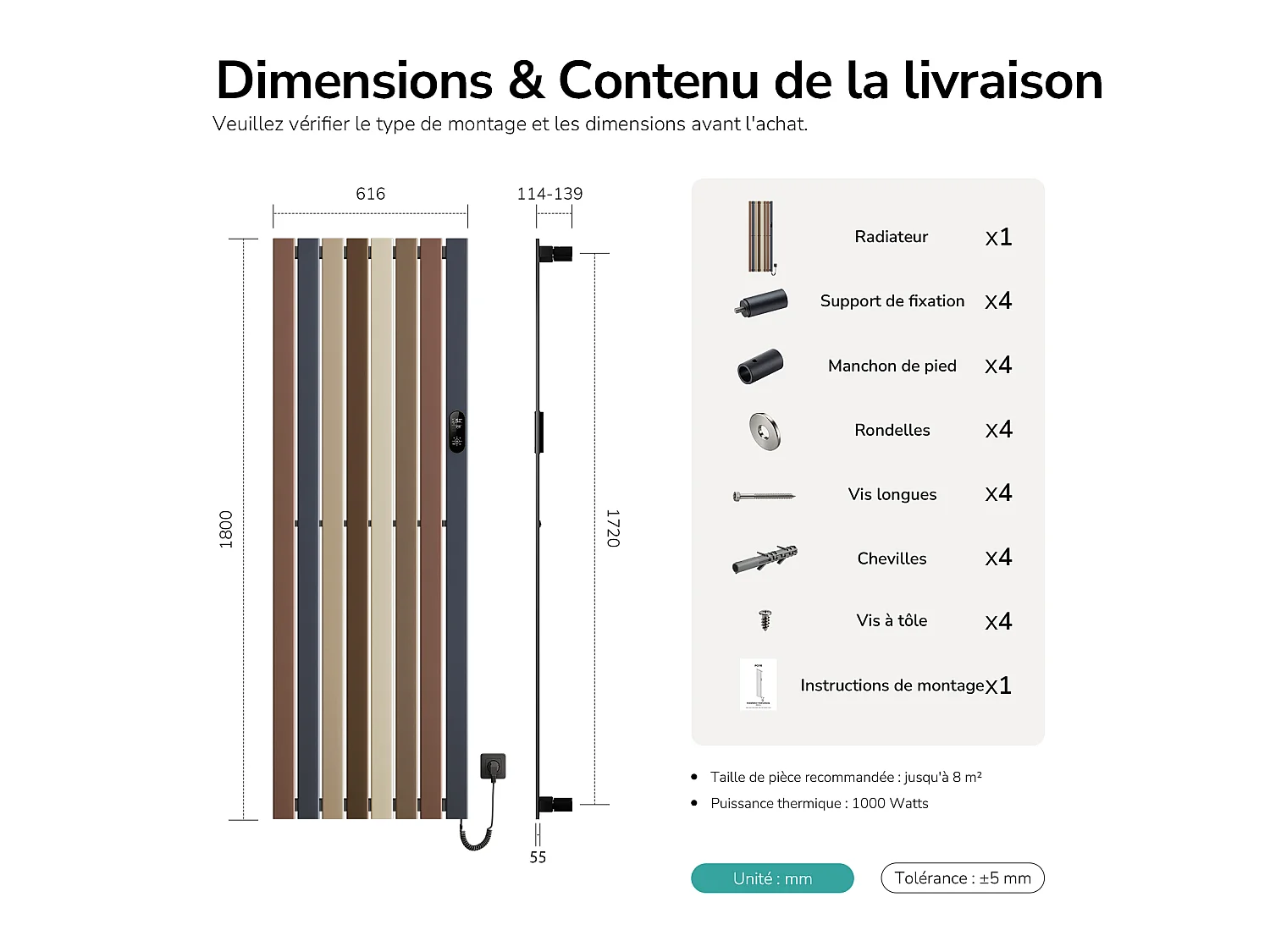 EMKE Radiateur électrique vertical 180 x 61,6 cm 1000 W, WiFi, Alexa, design multicolore, 7 modes