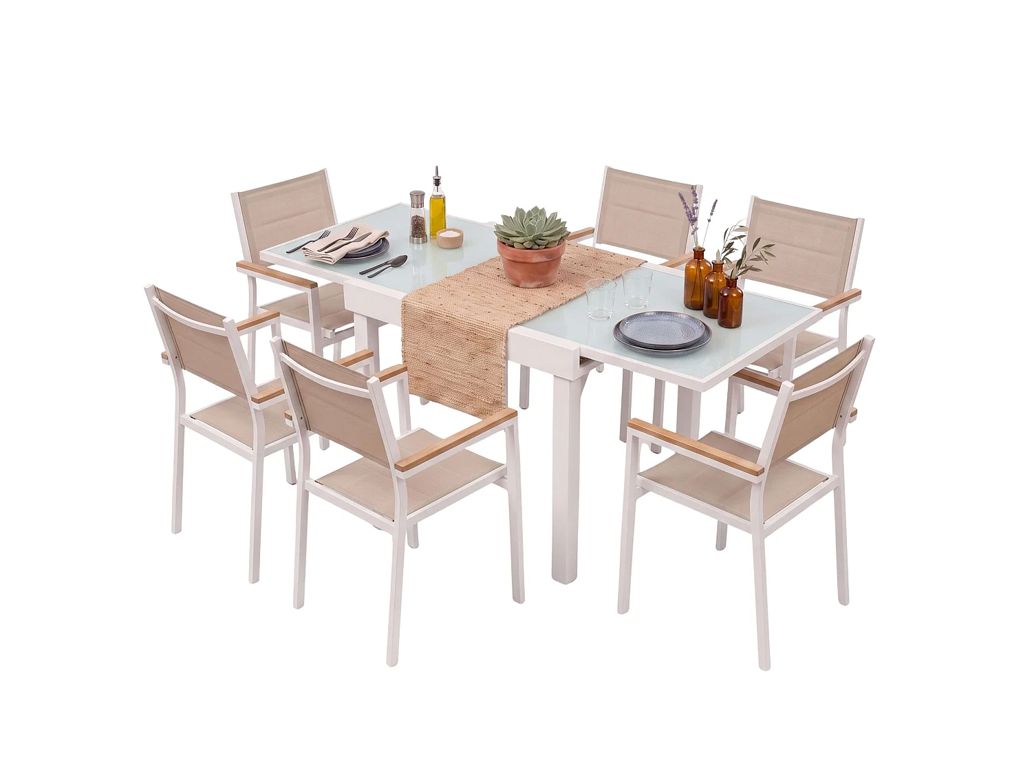 Conjunto de jardim branco e bege: mesa extensível e 6 cadeiras (90-180 cm)
