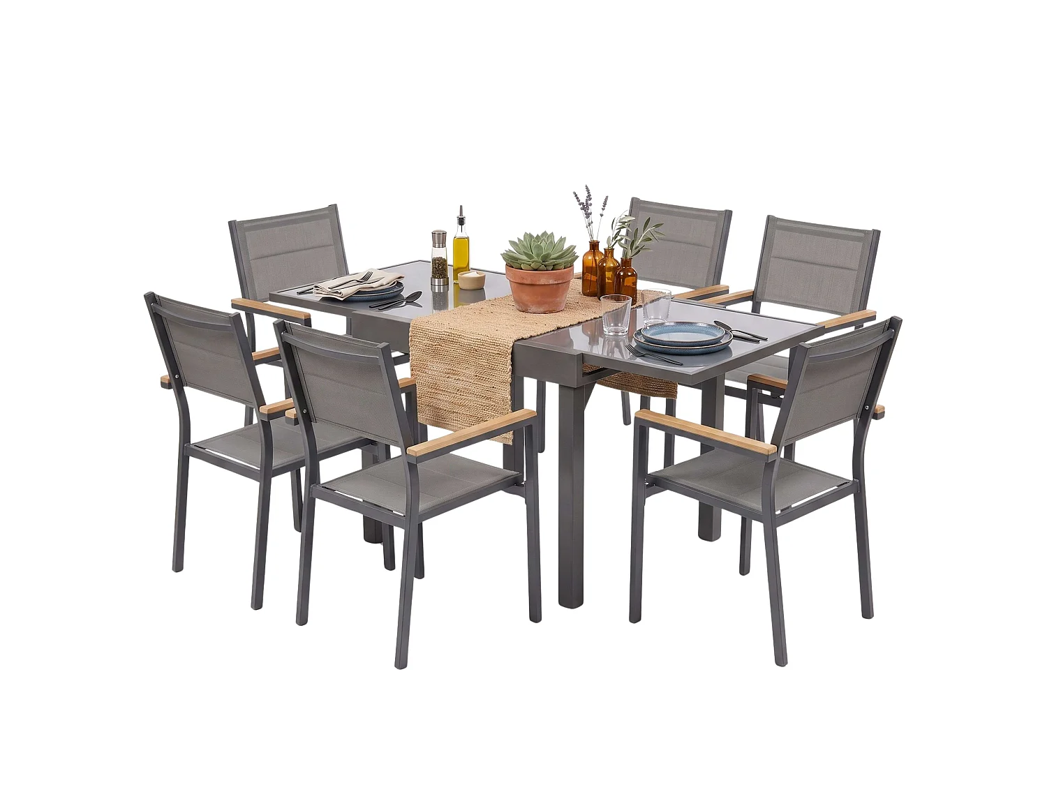 Conjunto de jardim preto e cinza: mesa extensível e 6 cadeiras (90-180x90 cm)