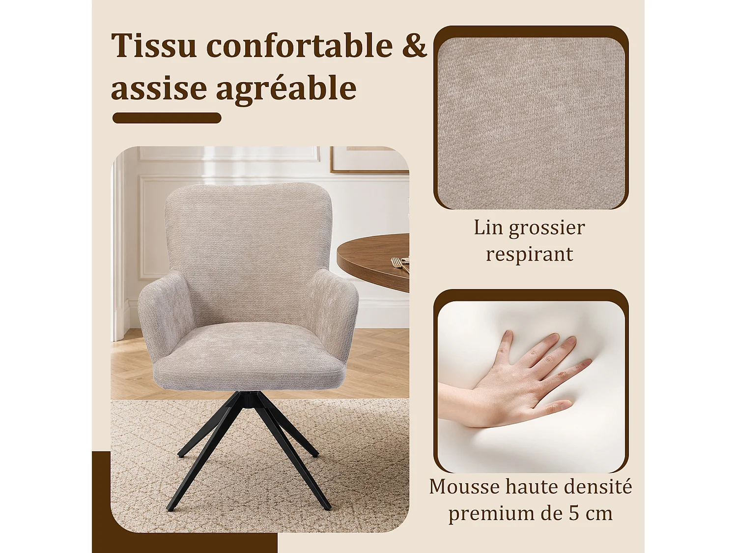 Chaise de salle à manger HomeMiYN, lot de 2 fauteuils pivotants 360°, tissu effet lin, pieds métal, avec accoudoirs