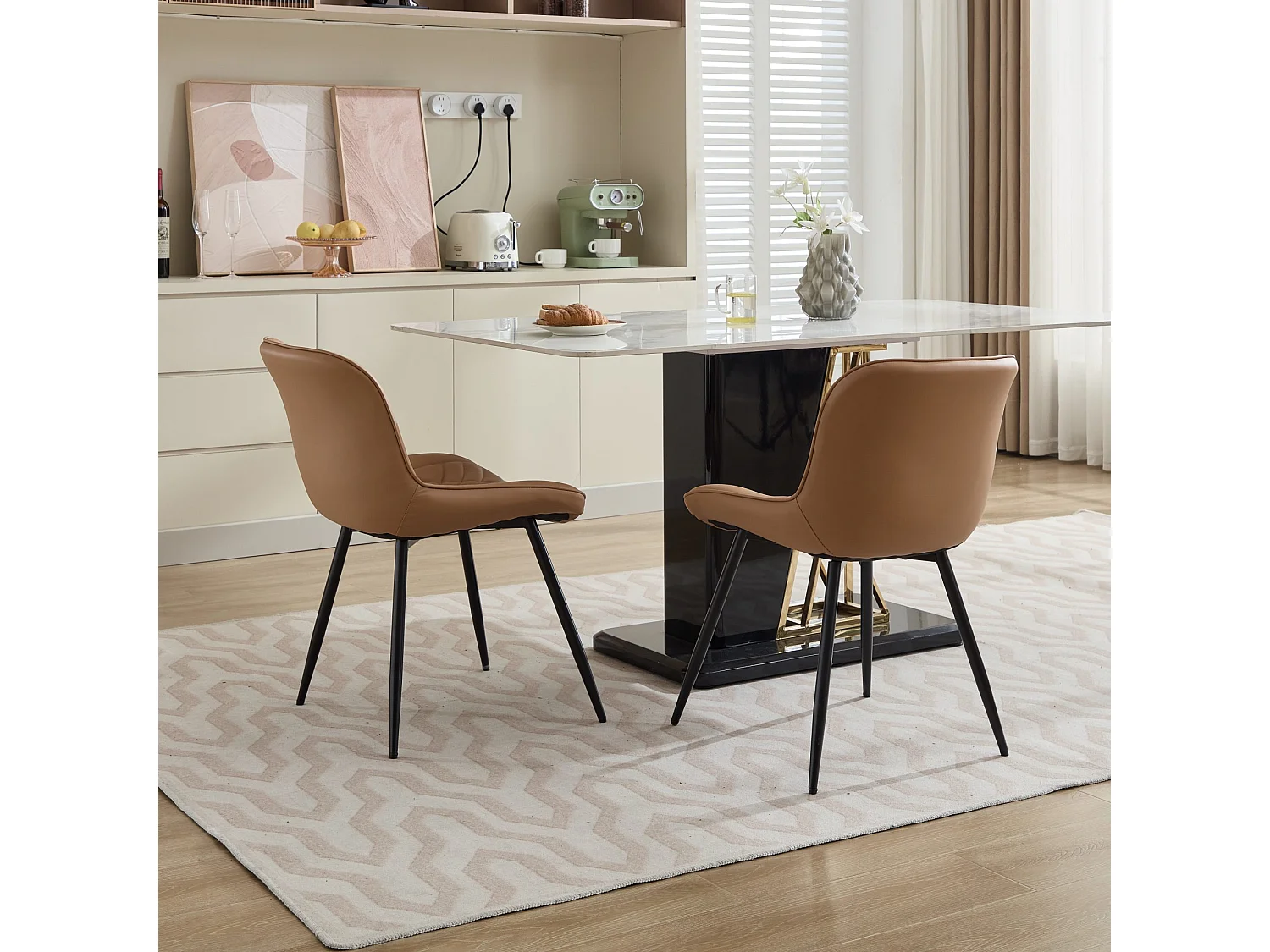 Parrot Uncle Lot de 2 chaises de salle à manger en PU perforé, assise ergonomique, surpiqûres 3D, pieds en métal noir, 60×50×77 cm