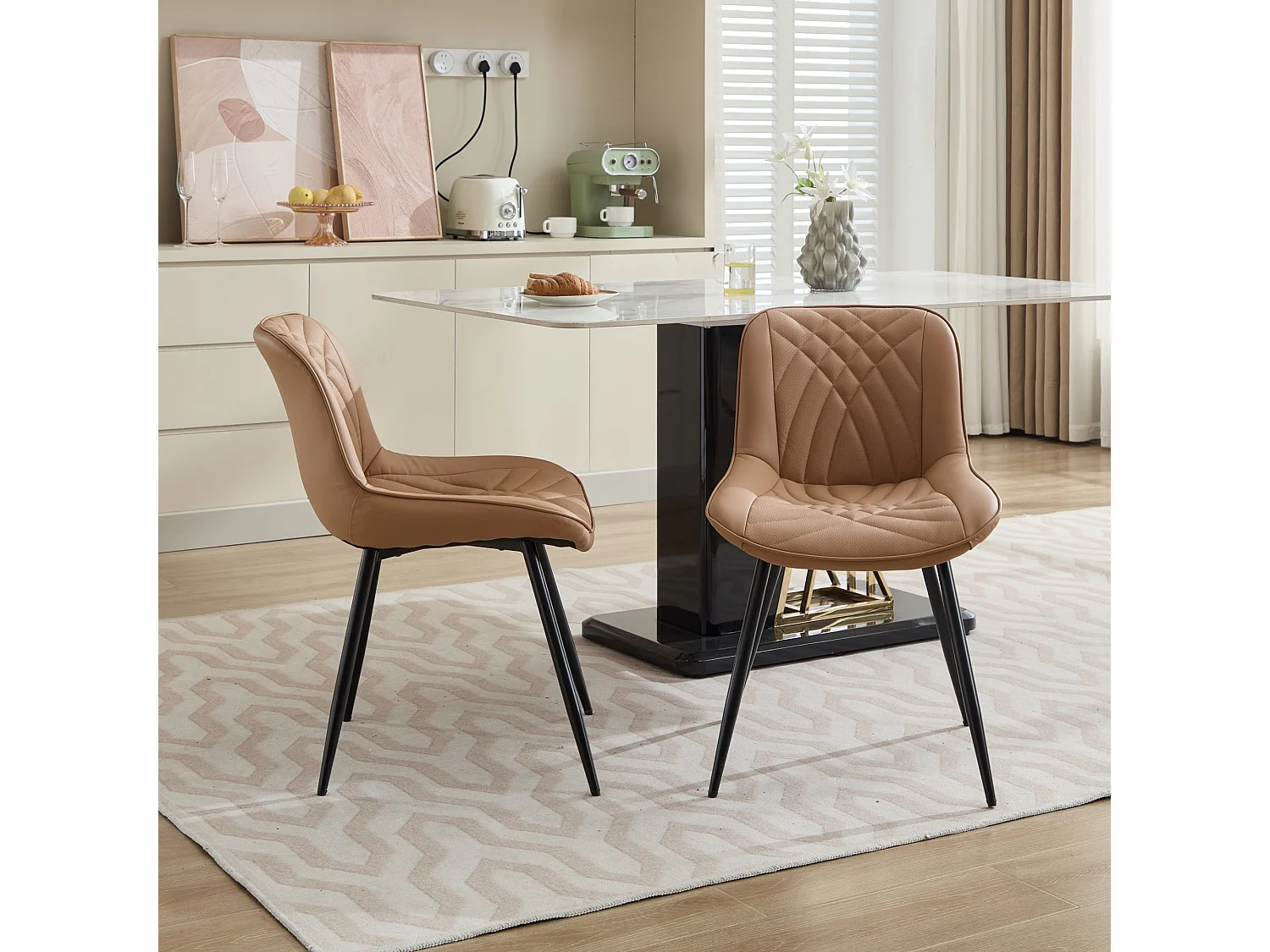 Parrot Uncle Lot de 2 chaises de salle à manger en PU perforé, assise ergonomique, surpiqûres 3D, pieds en métal noir, 60×50×77 cm