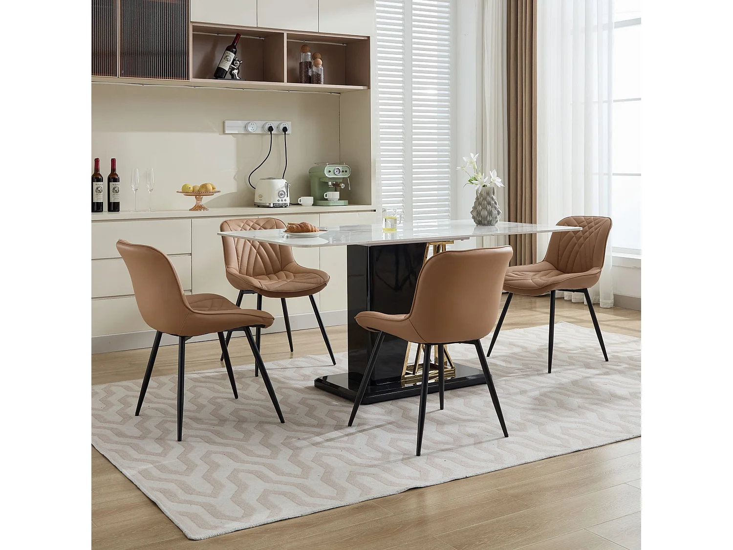 Parrot Uncle Lot de 2 chaises de salle à manger en PU perforé, assise ergonomique, surpiqûres 3D, pieds en métal noir, 60×50×77 cm