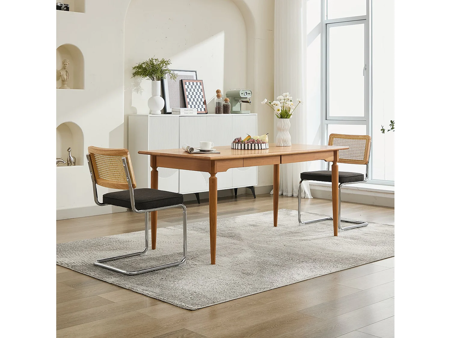 Parrot Uncle Lot de 2 chaises de salle à manger, cannage naturel, assise rembourrée, piètement cantilever chromé, style Mid-Century, 59×47×81 cm