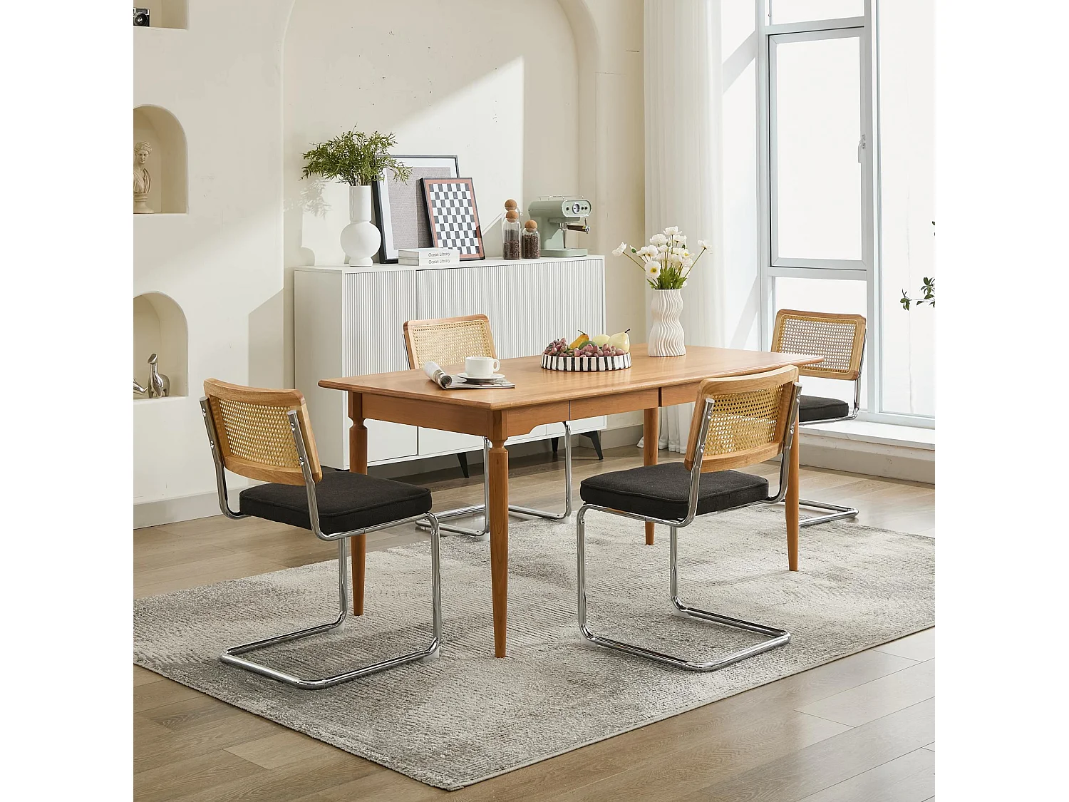 Parrot Uncle Lot de 2 chaises de salle à manger, cannage naturel, assise rembourrée, piètement cantilever chromé, style Mid-Century, 59×47×81 cm