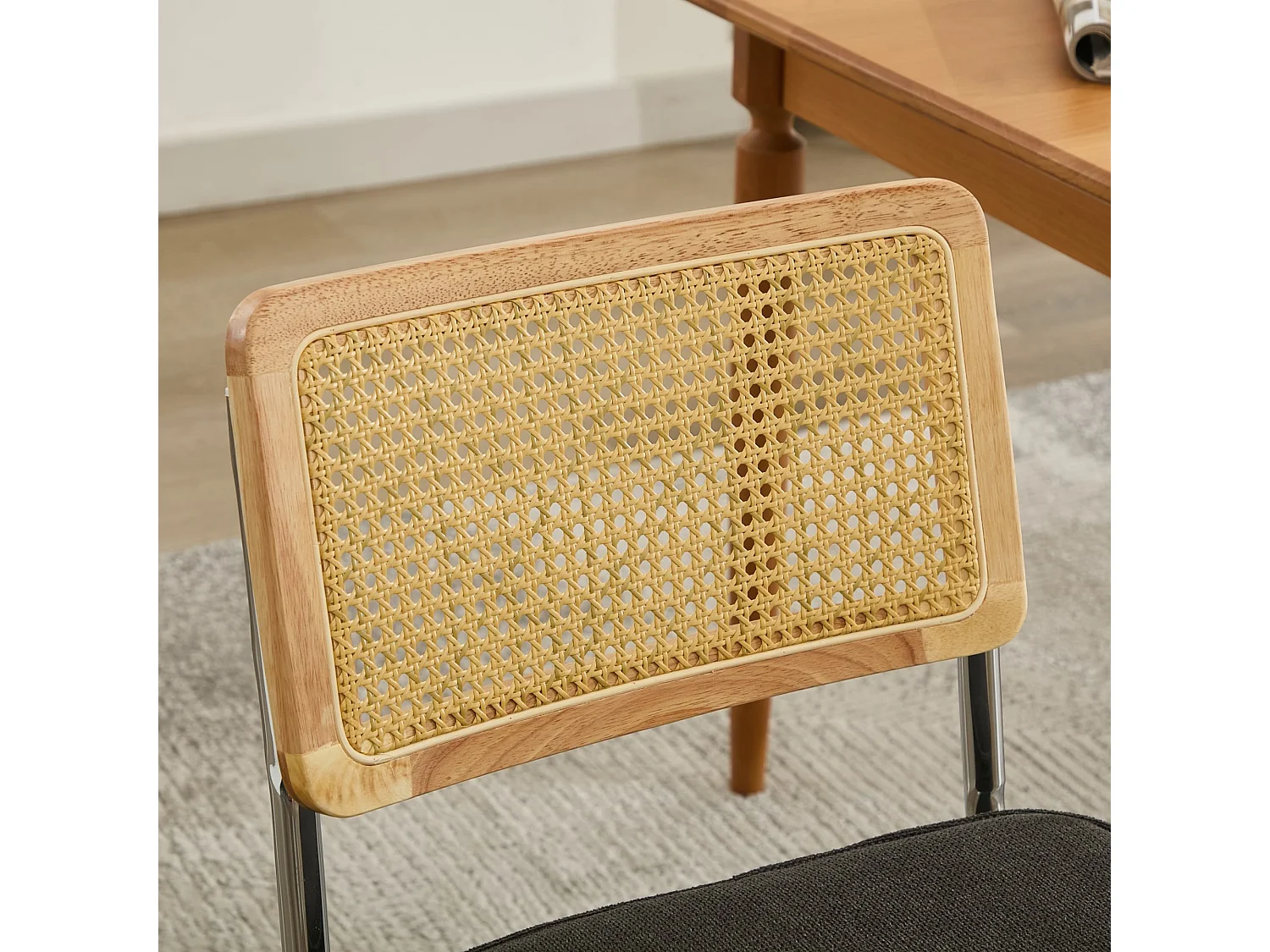 Parrot Uncle Lot de 2 chaises de salle à manger, cannage naturel, assise rembourrée, piètement cantilever chromé, style Mid-Century, 59×47×81 cm