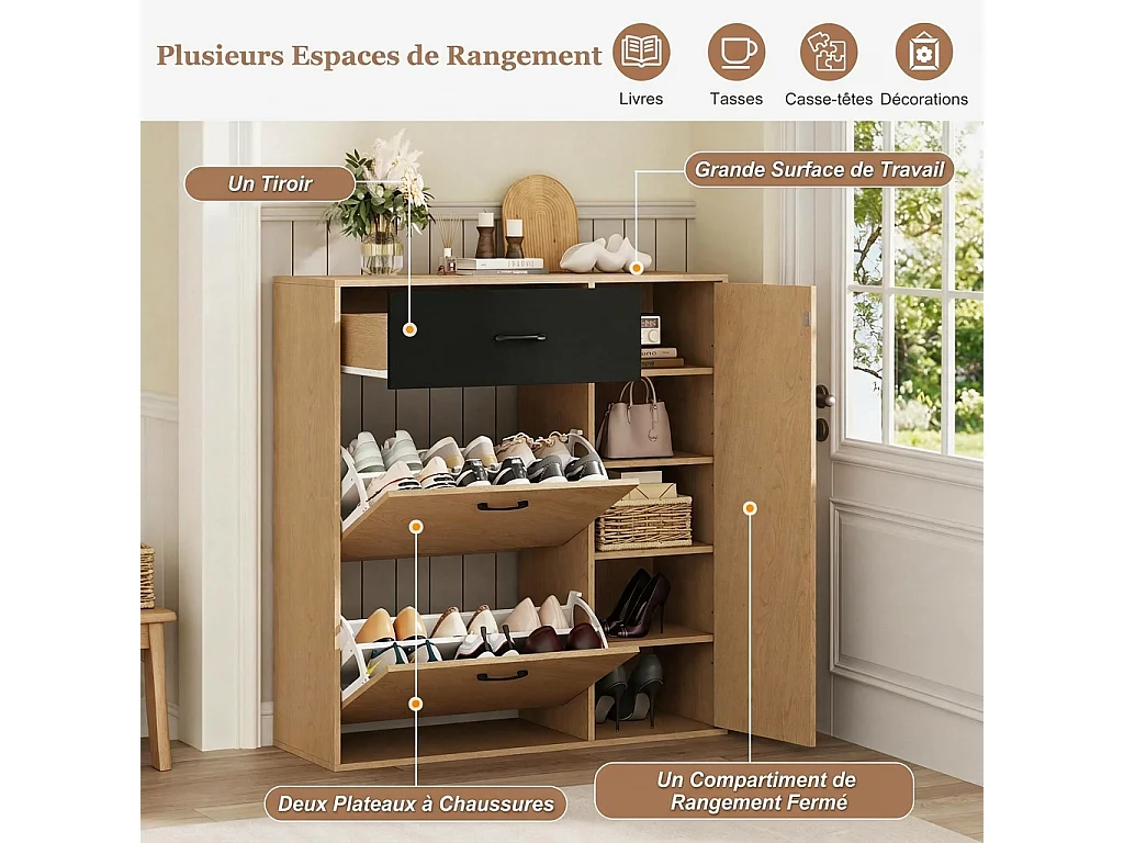 Parrot Uncle Meuble d’entrée avec rangement chaussures, 2 portes basculantes, 1 tiroir et 1 porte à lattes, bois et noir, 100 × 35 × 106 cm